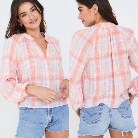 Bella Dahl Long Sleeve Shirred Raglan Shirt in Coral Plaid S NWT - Picture 2 of 9